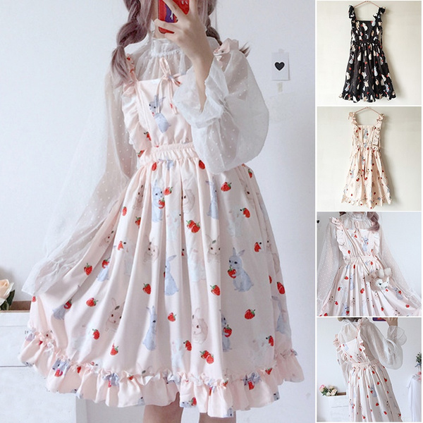 Women's Dresses Chic Lady Kawaii Ulzzang Strawberry Rabbit Cute Strap