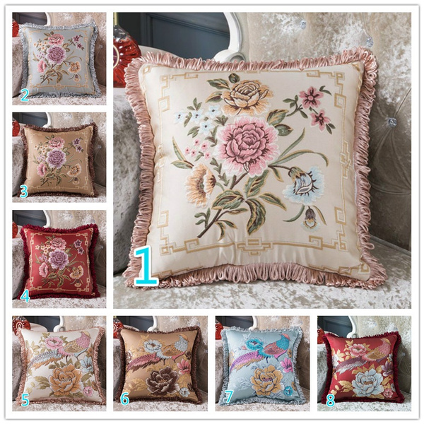 Throw Sofa Pillow Case Cover Embroidery Floral Cushion Tassel Home Decor 