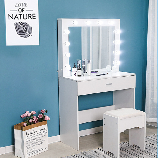 Vanity Set With Lighted Mirror Cushioned Stool Dressing Table Makeup Table US ❤ 