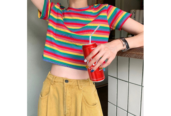 Korean Clothes Rainbow Striped Short T-shirt Women Summer Harajuku