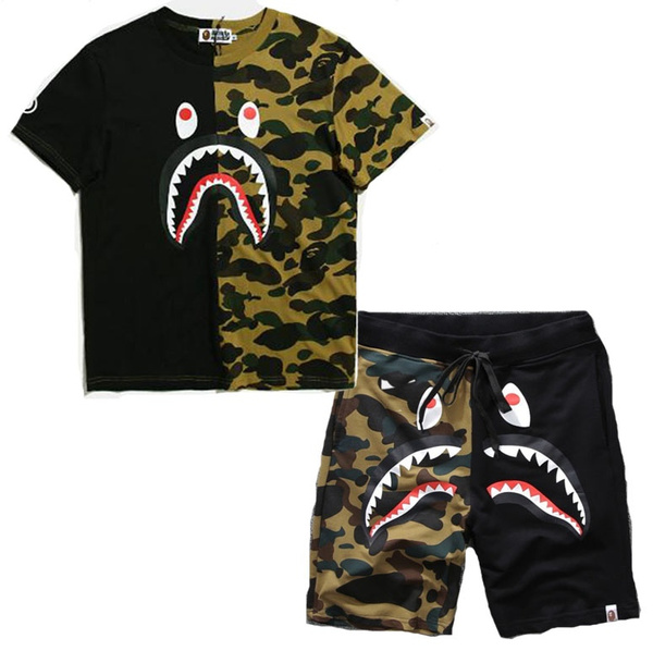 New Unisex Fashion Short Sleeves Camouflage Shark T-Shirt + Short Pants ...