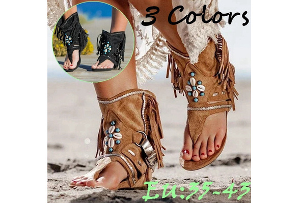 Amazon.com: Dheva-C Tassel Sandals for Women, Retro Bohemian Fringe Casual  Shoes Flat Clip Toe Ankle Boots Beach Sandals T-Strap Roman Open-Toe Sandals  (Khaki, 8.5) : Clothing, Shoes & Jewelry