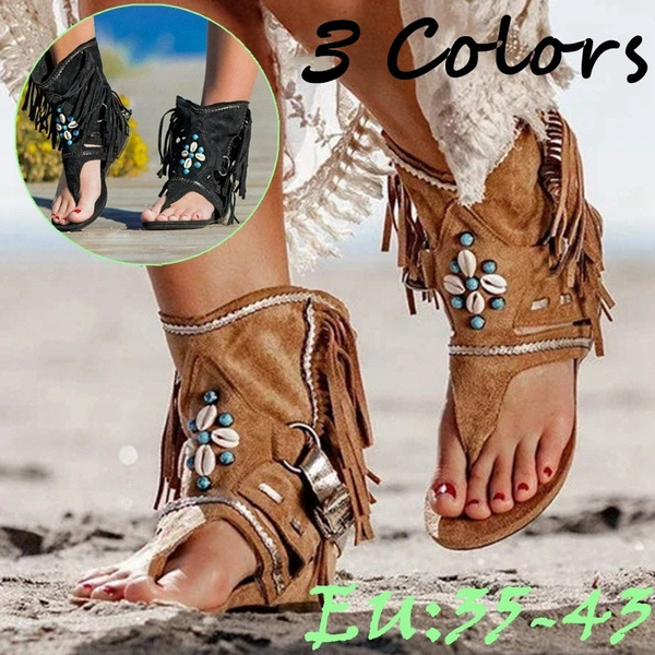 Women s Fashion Tassel Roman Boho Sandals Flock Retro Ankle Sandal