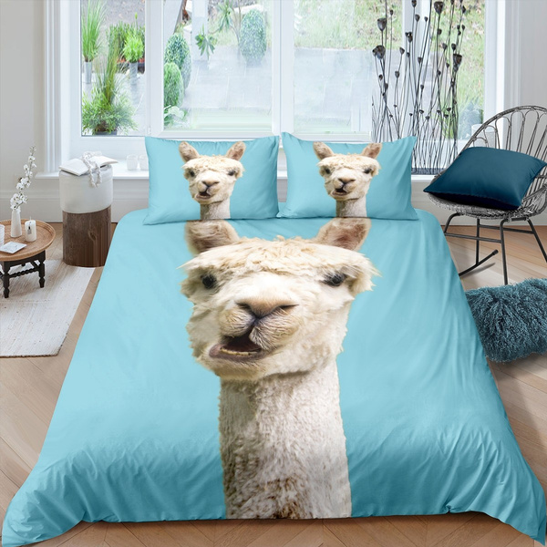 Kids Girls Alpaca Cactus Quilt Set Full/Queen Size Soft Lightweight Blue Animal Cartoon Bedspread Coverlet Children Llama Plant Bedding Bed Cover Set,1 Quilt 2 Pillow Shams