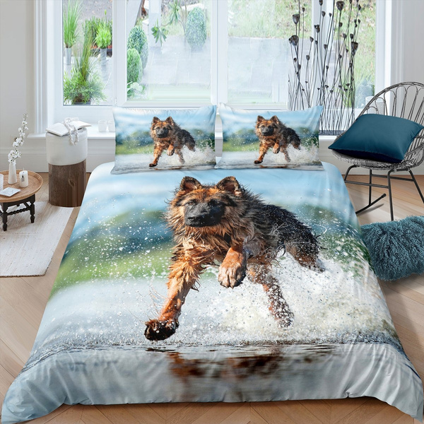 Feelyou Puppy Comforter Cover Set 3D Dog Printed Duvet Cover Set Cute German Shepherd Bedding Set Animal Theme Quilt Cover for Kids Boys Adults Bedroom Collection 3Pcs Full Size 