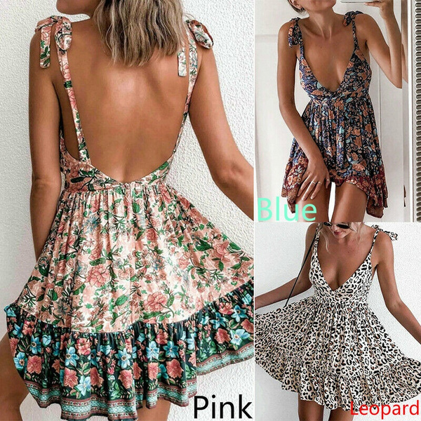 Backless Summer Boho Strappy V-Neck Floral Mini Dress Holiday Beach Sundress