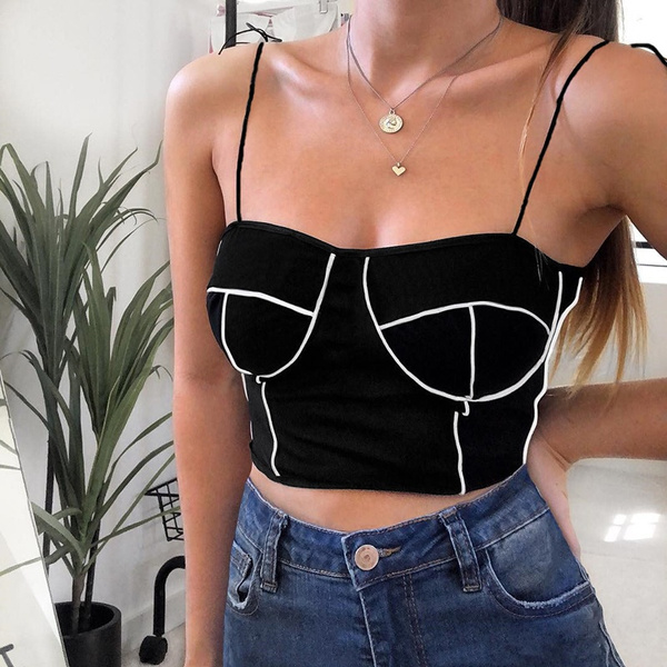 Top corto ajustado mujeres impresas espalda descubierta ajustable Correa Cami Top Streetwear Sexy Crop Tops | Wish