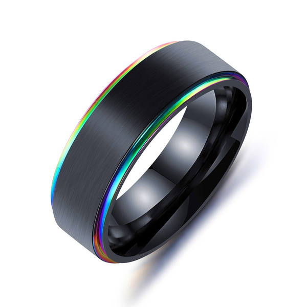 Stainless Steel Ring For Men Wedding Engagement Simple Band Rainbow color Square 