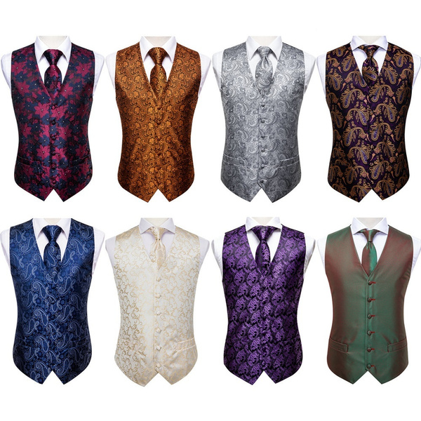 Men V-neck Tuxedo Vest 8 Styles Silk Paisley/Floral Waistcoat Tie Set ...