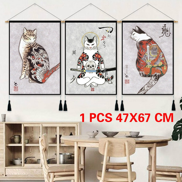 Japanese Ukiyoe Cat Wall Art Hanging Printed Tapestrys Scrolls Home Decor 