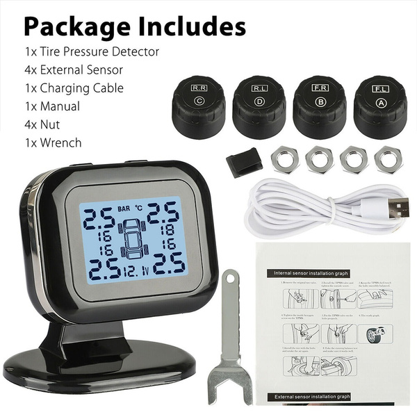 Wireless USB TPMS LCD Car Tire Pressure Monitoring System + 4 External  Sensors