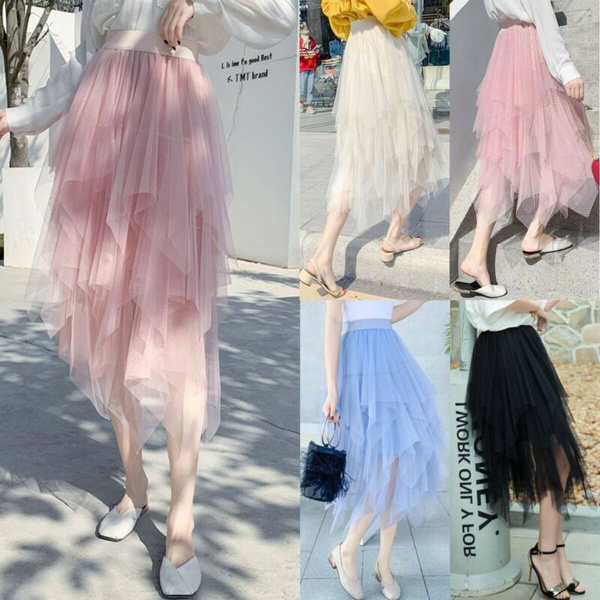 Women's Tulle Skirt Elastic High Waist Underskirt Ballet Irregular Pleated Maxi  Skirt Sheer Tutu Tulle Skirts 