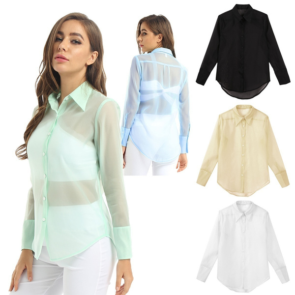 Women Casual Long Sleeves Semi-transparent Sheer T-Shirt Tops