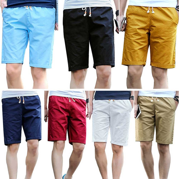 Mens Elastic On Waist Chino Shorts Summer Cotton Cargo Combat Half Pants