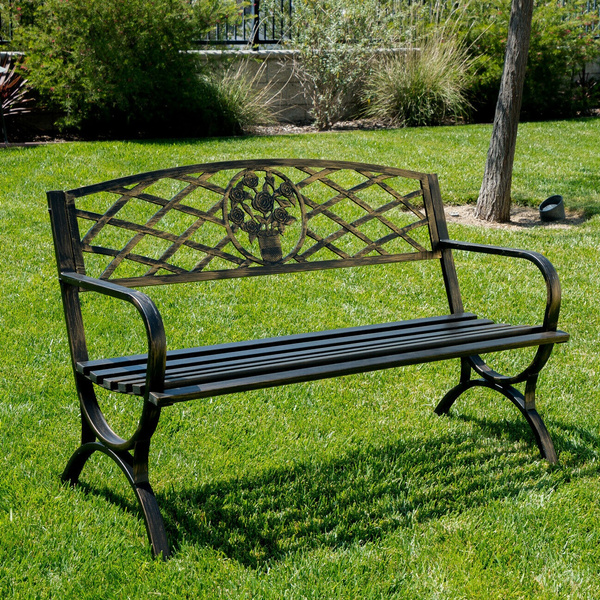 Steel Bench Outdoor Garden Park Porch Patio Chair Metal Furniture Yard Backyard 