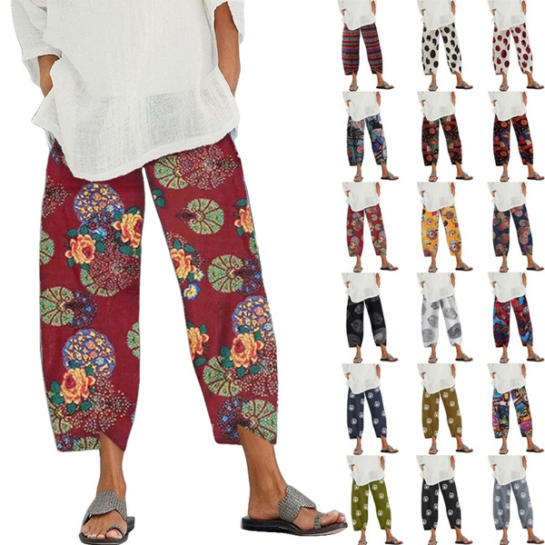 Women's Summer Boho Pants Print Loose Linen Elastic Waist Trousers Ladies  Pocket Wide Leg Cropped Pants