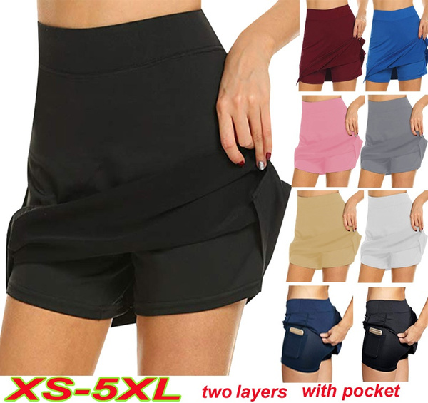 Women Fashion Double-Layer Athletic Skirt Shorts With Pocket High