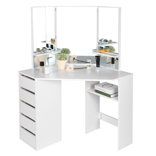 White Vanity Makeup Dressing Table Set, White Vanity Makeup Desk With Mirror