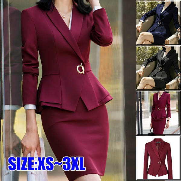 Elegant Women Suit Skirt Office Lady Formal Ruffle Waist Full Sleeve  Blazer+Skirt Tights 2 Piece Set Jacket and Skirt Suit