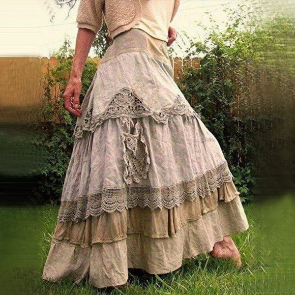 oneforus Womens High Waist Flared Long Skirt with Lace Stitching Retro Cake  Skirt Yellow  Amazoncombe Fashion