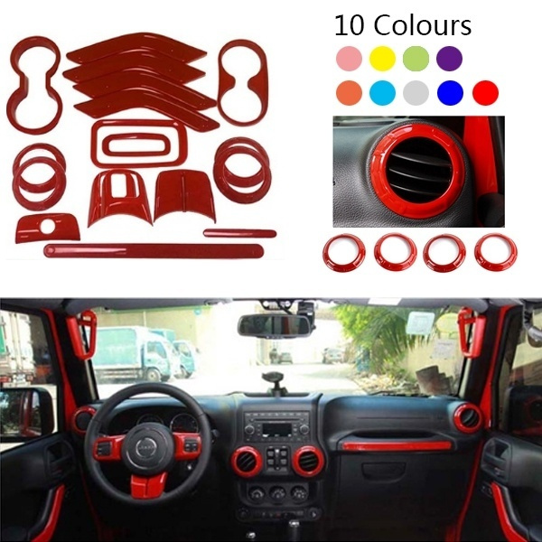 New High Quality 18PCS Full Set Interior Decoration Trim Kit Steering Wheel  And Center Console Air Outlet Trim Door Handle Cover Inner Passenger Seat  Handle Trim For Jeep Wrangler JK JKU 2011-2018
