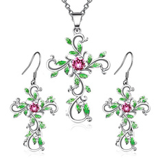 leaves, crossearring, Cross necklace, Chain