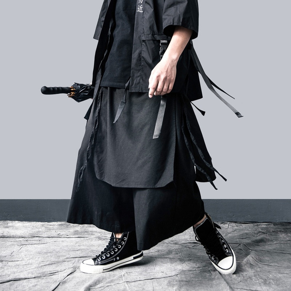 Mens Baggy Elastic Waist Crop Pants Drawstring Wide Leg Straight Kendo  Hakama Trousers