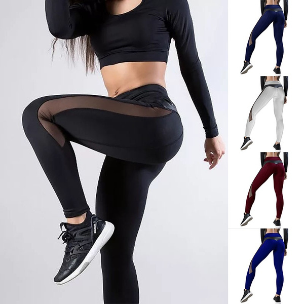 Women's Fashion Mesh PU Stitching Hip Yoga Pants Sports Leggings Fitness  Pants
