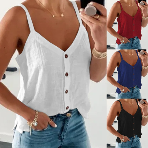 New Fashion Women's Tops Blouse Sleeveless deep neck Solid Color