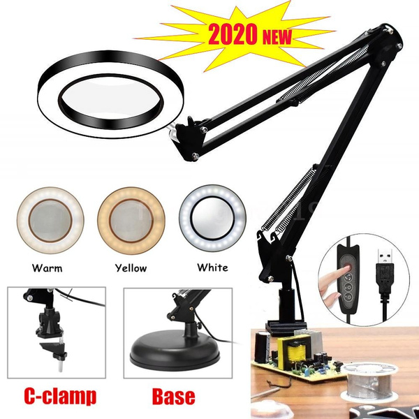 2020 New 5X Magnifying Glass Desk Lamp Professional Flexible Magnifier LED  Light with USB 3 Colors Magnifier Lamp for Reading Rework Soldering  Magnifier