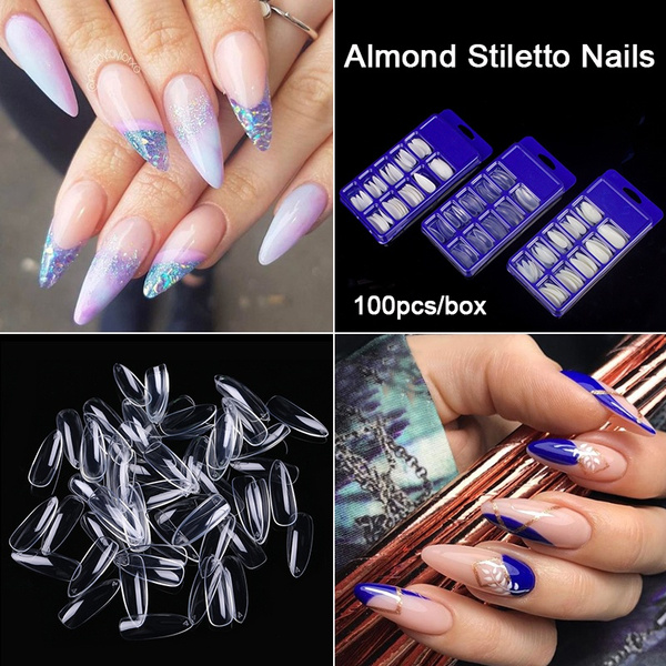 100pcs Box Full Cover Stiletto French False Acrylic Nail Tips Almond Fake Nails Acrylic Uv Gel French False Tips Nail Art Salon Fake Nails Wish