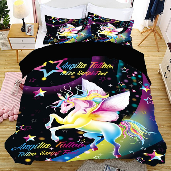 Rainbow Unicorn Bedding Cartoon Stars Duvet Cover Set Rainbow Letters And Magical Unicorn Pattern Bedding Sets Baby Single Twindouble Full Queen King Size For Choice Wish