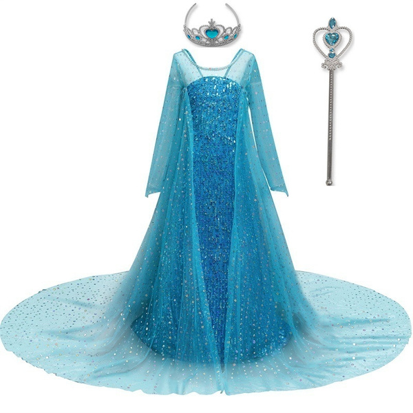 Fancy Kids Costumes Bling Blue Sequins Long Sleeve Floor Length Princess Dress For Halloween Christmas Masquerade Ball Gown Wish