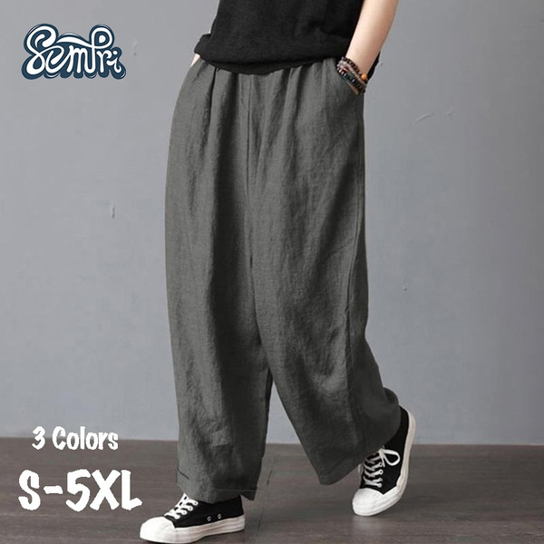 Summer Autumn Baggy Trousers Women Casual Loose Long Pants Cotton Linen  Solid Wide Leg Pants with Pockets Plus Size | Wish