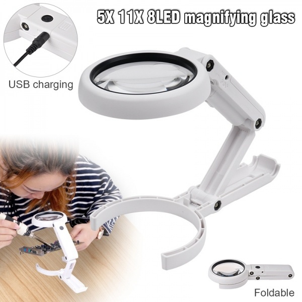 Foldable 5/11X Magnifying Glass Stand Table Magnifier With 8 LED