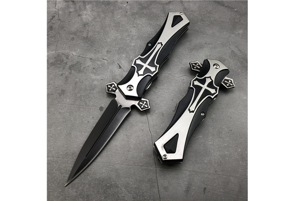 9.5 STAINLESS STEEL CELTIC CROSS SPRING ASSISTED OPEN POCKET KNIFE Gothic  EDC NEW