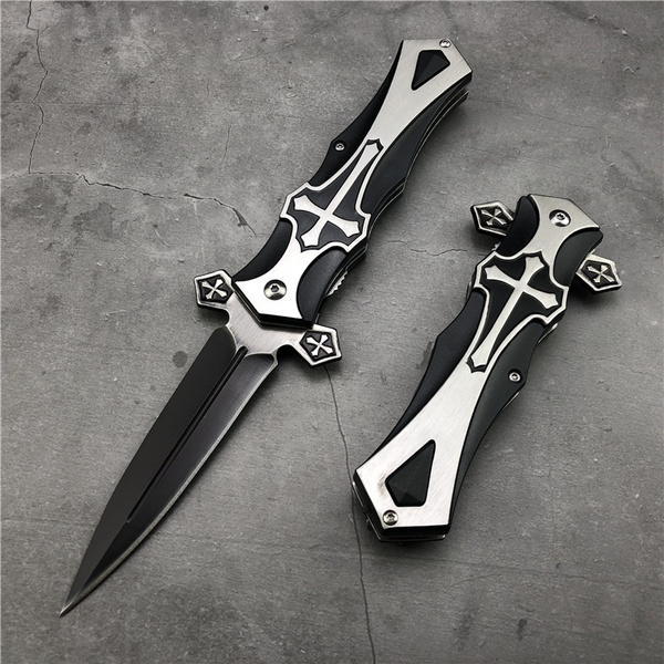 9.5 STAINLESS STEEL CELTIC CROSS SPRING ASSISTED OPEN POCKET KNIFE Gothic  EDC NEW