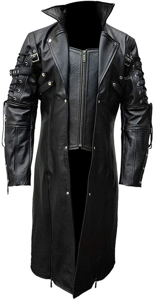 Mens Real Black Leather Goth Matrix, Good Goth Trench Coat