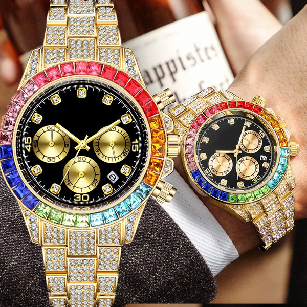 Drei-augen-zifferblatt Uhren Herren Diamant Chronograph Stahl Datum Hip Hop  Herrenuhren Luxusmarke