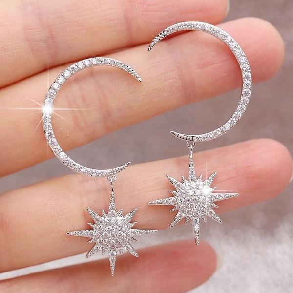 925 Sterling Silver Paved CZ Crescent New Moon Star Dangle Drop Stud Earrings 925 Sterling Silver Paved CZ Crescent New Moon Star Dangle Drop Stud Earrings
