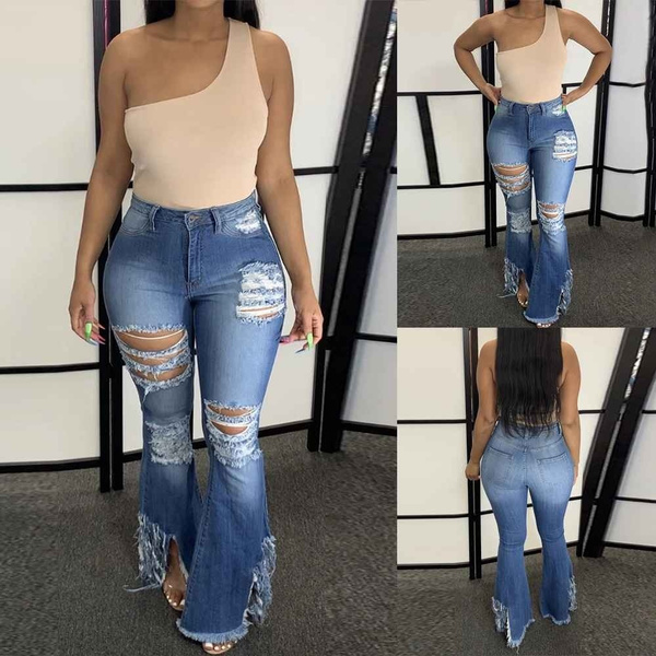 Flare Jeans Women ripped wide leg jeans Denim Trousers Vintage