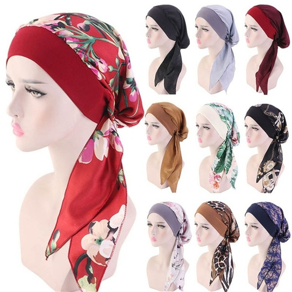 Women Muslim Turban Hijab Cancer Head Scarf Chemo Hair Loss Hat Pre Tied Headwear Floral Printed Bandana Wish