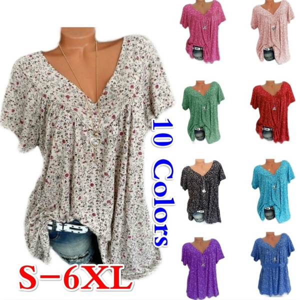 Summer Women Plus Size Casual Loose V Neck Short Sleeve Floral Printed ...