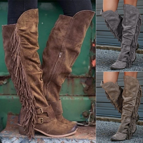 women vintage tassel knot knee high boots chunky heel boots