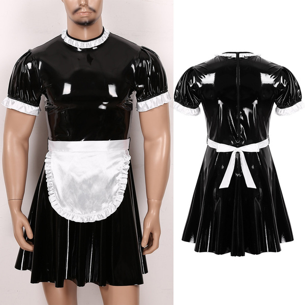 Mens Costume Clubwear Puff Sleeve Wetlook Latex Maid Servant Uniform ...