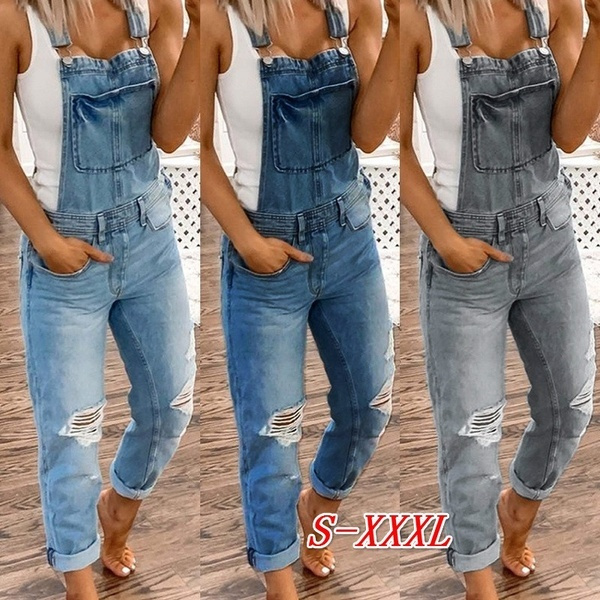 Fashion Denim Wash Overall Women Jeans Jumpsuit Long Pants Rompers