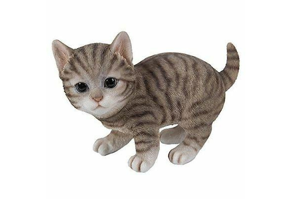 Lifelike Crouching Grey Striped Tabby Cat Statue 8.25