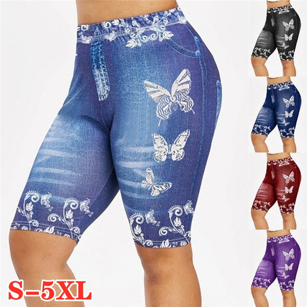 S-5XL Women's Fashion 3D Butterfly Floral Print Denim Shorts Leggings ...