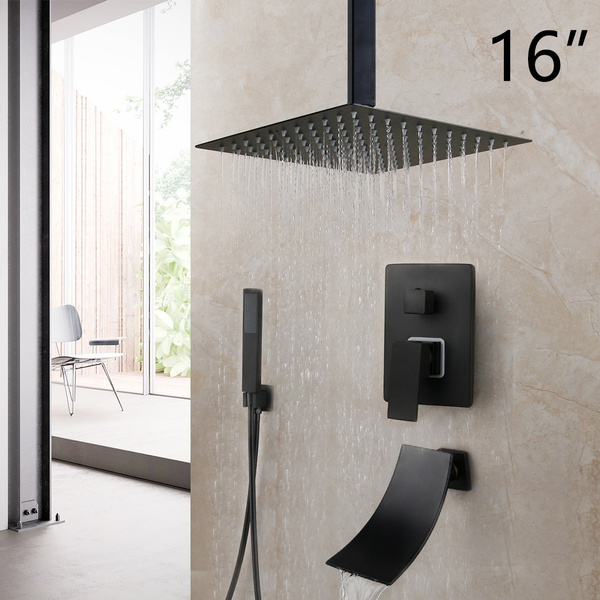 16 Inch Black Square Bathroom Shower Faucet Set Rain Spout Ceiling ...