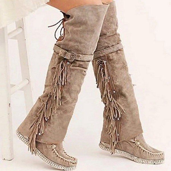Women Faux Suede Tassel Long Boots 